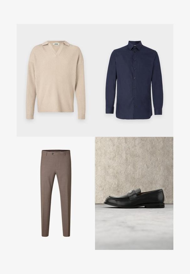 Beige ribbet strikpullover med V-hals og krave, med lange ærmer og afslappet pasform, lavet af et blødt, tekstureret stof.; Mørkeblå skjorte med knapper, lavet af glat stof, med en klassisk krave, lange ærmer og syv sorte knapper ned foran.; Brune formelle bukser med slank pasform, knap og bæltestropper, vist mod en hvid baggrund.; Sort læderloafer med metalbrandskilt hvilende nær et brunt rundt bord på beige tæppe.