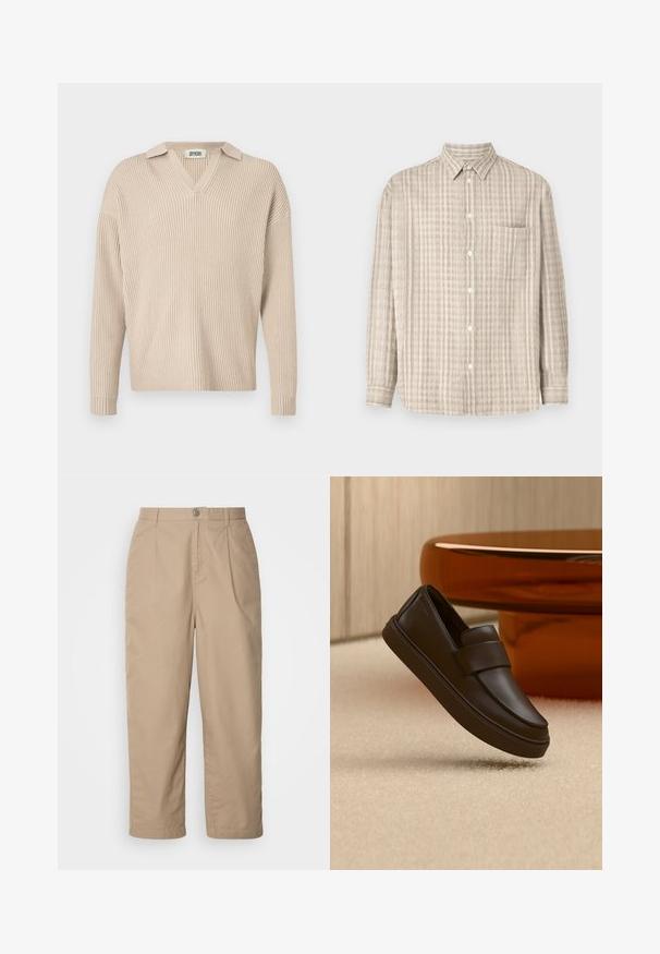 Beige ribbet strikpullover med V-hals og krave, med lange ærmer og afslappet pasform, lavet af et blødt, tekstureret stof.; Button-up skjorte i lys beige, med et ternet mønster, lange ærmer, en brystlomme og et almindeligt kravedesign.; Beige, lette bomuldsbukser med plisset front, knaplukning og lige ben, der har en glat tekstur og ingen synlige mønstre.; En enkelt mørkebrun læderloafer, der svæver over en cremefarvet tæppe med et rundt orange bord i baggrunden.