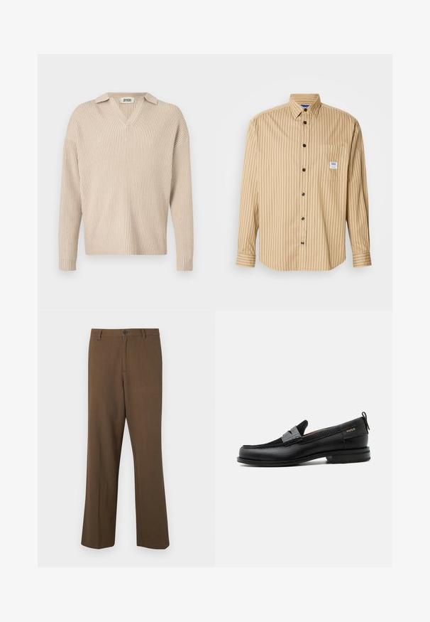 Beige ribbet strikpullover med V-hals og krave, med lange ærmer og afslappet pasform, lavet af et blødt, tekstureret stof.; Tan skjorte med knapper, lodrette sorte striber, spids krave, enkelt brystlomme og sorte knapper. Fremstillet af let stof.; Brune, lige bukser lavet af tekstureret stof, med knaplukning og standard talje, samt sidelommer og skrædder-sømme.; Sort læderloafer med grå remdetalje, lav hæl og tekstureret sål, mærket med "HUGO" i guld på siden.