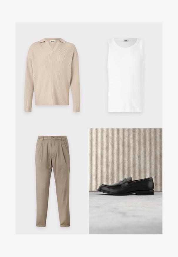 Beige ribbet strikpullover med V-hals og krave, med lange ærmer og afslappet pasform, lavet af et blødt, tekstureret stof.; Hvid bomulds tanktop uden ærmer med rund halsudskæring og en glat tekstur. Enkel design, ingen mønstre eller accenter.; Beige bukser lavet af blødt stof, med en afslappet pasform, plisseret front, elastisk talje og dampede ben.; Sort læderloafer med metalbrandskilt hvilende nær et brunt rundt bord på beige tæppe.