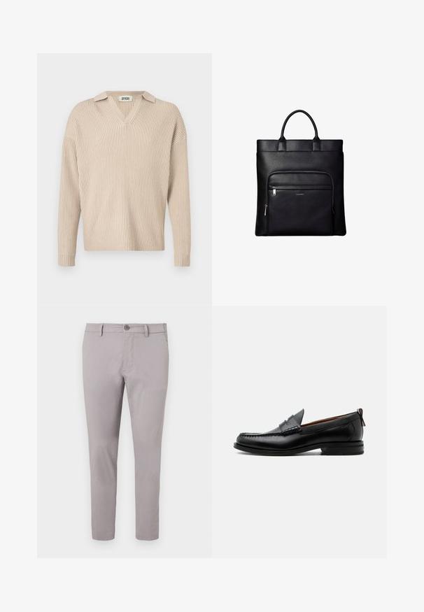 Beige ribbet strikpullover med V-hals og krave, med lange ærmer og afslappet pasform, lavet af et blødt, tekstureret stof.; Grå bomulds chinos med en glat overflade, slim fit, frontknaplukning og sidelommer. Ankellang model med minimal detaljer.; Sort læder herre loafer med moc-tå syning, penny strop, struktureret krave og lav stablet hæl på hvid baggrund.; Sort læder tote taske med top håndtag og en front lynlåslomme med et lille Calvin Klein-logo på lommen.