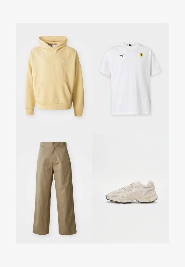 Hoodie jaune en tissu doux, muni d'une poche kangourou à l'avant et d'un logo blanc sur la poitrine. Comprend une capuche avec cordon de serrage.; T-shirt blanc Puma à manches courtes avec un petit logo Puma noir sur la poitrine gauche et un écusson jaune Ferrari sur la poitrine droite.; Pantalons larges en kaki en tissu mélangé coton, dotés d'une fermeture à un bouton et de poches latérales visibles. Texture lisse, détails de plis.; Chaussure de sport beige clair avec tige en maille, accents texturés et détails dorés. Dispose d'une semelle intermédiaire blanche épaisse et d'une semelle extérieure en caoutchouc.