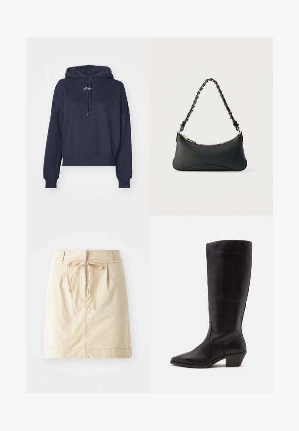 Navyblauwe hoodie van zacht materiaal, met een trekkoordkap en geborduurd logo op de borst. Relaxte pasvorm met geribde manchetten.; Khaki rok van lichtgewicht stof met een aansluitende tailleband, een trekkoord, plooien en subtiele stiksels. Glad textuur.; Zwarte leren laars tot half op de kuit met een puntige neus en een lage schuine hak op een effen lichte achtergrond.; Zwarte lederen schoudertas met een gebogen rechthoekige vorm, gouden ketting verweven in een gevlochten zwarte band, en een ritssluiting bovenop.