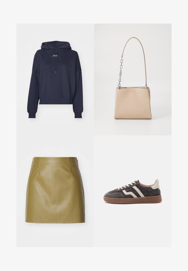 Hoodie bleu marine en tissu doux, avec une capuche à cordon et un logo brodé sur la poitrine. Coupe décontractée avec des poignets en côtes.; Mini-jupe en cuir vert olive avec une texture lisse, comportant deux coutures avant et une coupe droite, finie avec des détails de couture minimalistes.; Basket gris foncé unique avec des accents en cuir blanc, des côtés texturés, des lacets blancs et une semelle en caoutchouc marron, présentée de profil sur un fond uni.; Sac à main en cuir beige au toucher lisse, avec une accent en chaîne argentée sur la poignée et une fermeture éclair. "HUGO" embouti à l'avant.