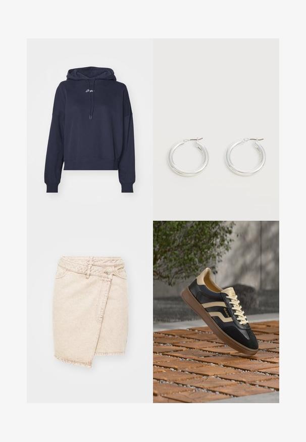 Navyblauwe hoodie van zacht materiaal, met een trekkoordkap en geborduurd logo op de borst. Relaxte pasvorm met geribde manchetten.; Beige denim mini-rok met een gewikkeld ontwerp, voorzien van een knoopsluiting, zichtbare naden en een licht verouderde textuur.; Zwarte en beige leren sneaker met beige veters en gumzool, getoond boven een houten tegelvloer met groen en een betonnen muur als achtergrond.; Een paar middelgrote glanzende zilveren oorringen met dunne metalen sluitingen op een lichte neutrale achtergrond.