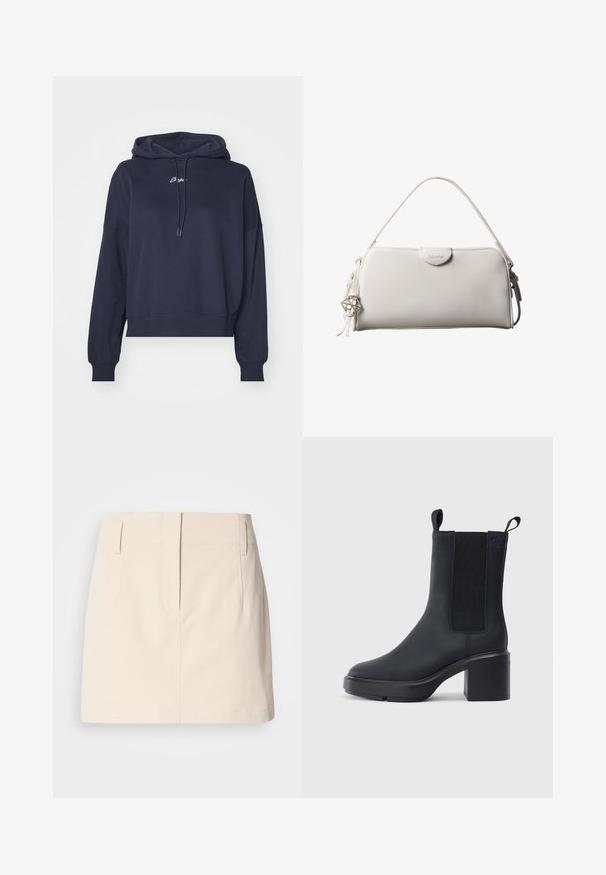Navyblauwe hoodie van zacht materiaal, met een trekkoordkap en geborduurd logo op de borst. Relaxte pasvorm met geribde manchetten.; Calvin Klein Jeans SKIRT - A-lijn rok - fog; Zwarte enkellaars met een gladde rubberen materiaal, elastische zijkanten, blokhak en instaplipjes aan de bovenkant voor makkelijk aan- en uittrekken.; Witte rechthoekige Calvin Klein handtas met enkele handgreep, minimalistisch ontwerp en decoratieve kwastjes met geometrische metalen hanger aan de zijkant.