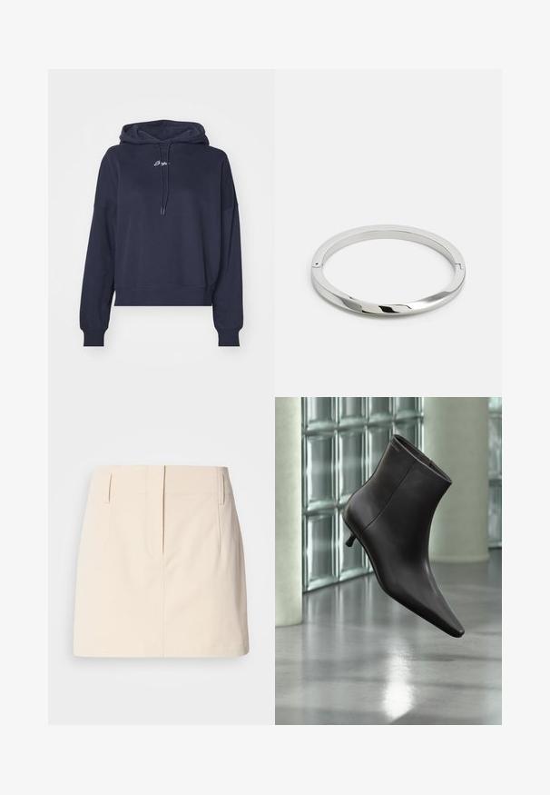 Sudadera azul marino hecha de tela suave, con capucha ajustable y logotipo bordado en el pecho. Corte relajado con puños acanalados.; Calvin Klein Jeans SKIRT - Falda acampanada - fog; Bota de cuero negro para el tobillo con puntera puntiaguda y tacón pequeño, exhibida frente a una pared de bloques de vidrio y un suelo pulido.; Pulsera de metal plateado con una superficie lisa y brillante y bordes planos. Presenta un diseño circular abierto con un sutil detalle de cierre.