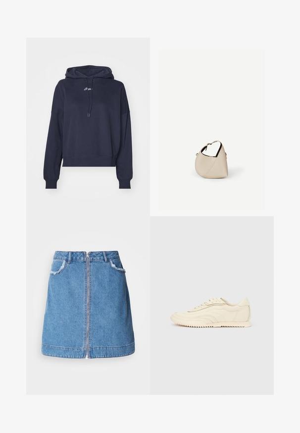 Navyblauwe hoodie van zacht materiaal, met een trekkoordkap en geborduurd logo op de borst. Relaxte pasvorm met geribde manchetten.; Lichtblauwe denim rok met een voorrits, rafelige zakranden en een rechte snit. De onderkant heeft een licht gebogen lijn.; Low-profile sneaker in crèmekleur met golvende stiksels, vetersluiting en een geribbelde zool, zijaanzicht tegen een effen achtergrond.; Beige leren handtas in halvemaanvorm met een enkele schouderband en minimale stiksels, afgebeeld tegen een effen witte achtergrond.
