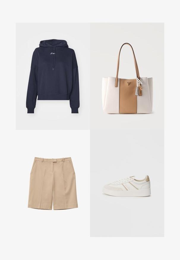 Navyblauwe hoodie van zacht materiaal, met een trekkoordkap en geborduurd logo op de borst. Relaxte pasvorm met geribde manchetten.; Beige shorts met hoge taille, riemlussen, voorplooien, zijzakken en een verborgen ritssluiting aan de voorkant.; Witte sneaker met beige suède accenten, drie diagonale strepen, ronde neus, platte zool en een gestructureerd oppervlak. Merken op de zijkant en hiel.; Twee-kleurige beige-witte tas met lange hengsels, voorschild met logo en twee hanglabels met de aanduidingen "GUESS" en "1981".