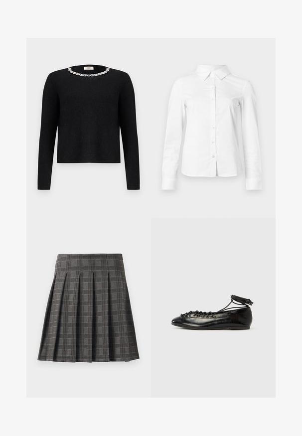 Sort sweater med lange ærmer og rund halsudskæring, der har en dekorativ krystaludsmykning omkring kraven. Blød tekstur.; Hvid skjorte med lange ærmer, knapper, spids krave, lige kant og tætsiddende silhuet, vist på en ensartet lys baggrund.; Plisseret nederdel i et gråt ternet mønster, lavet af et tekstureret stof. Har lodrette pliser og en lige kant.; Sorte balletflade sko i laklæder med rundet tå, snørelukning og flad sål. Glat tekstur med få detaljer.