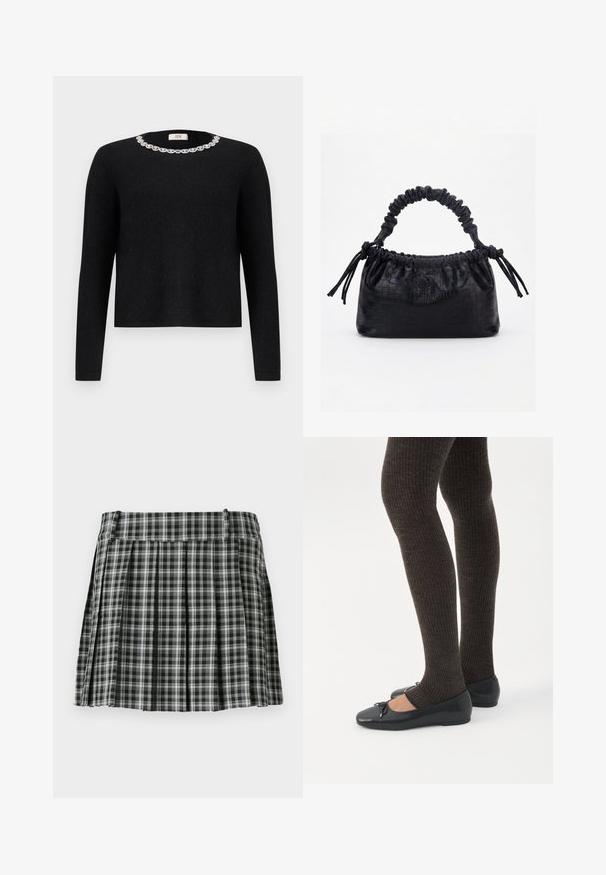 Pull noir à manches longues et col rond, orné d'une décoration en cristal autour du col. Texture douce.; Jupe plissée à carreaux noir et blanc avec une taille lisse et de multiples plis verticaux. Fabriquée en tissu léger.; Jambes portant des leggings côtelés foncés associés à des ballerines noires avec de petits détails en nœud sur fond blanc.; Sac à main noir avec texture crocodile, bord supérieur froncé, poignée plissée et pompons à cordon de chaque côté sur fond blanc.