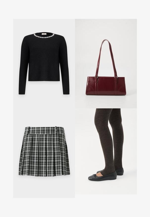 Sort sweater med lange ærmer og rund halsudskæring, der har en dekorativ krystaludsmykning omkring kraven. Blød tekstur.; Sort-hvidt ternet plisseret nederdel med en glat talje og flere lodrette folder. Fremstillet af let stof.; Ben iført mørke ribbede leggings kombineret med sorte balletsko med små sløjfedetaljer på hvid baggrund.; Bordeaux håndtaske lavet af glansfuldt materiale, rektangulær form, med to skulderremme og subtile buede detaljer på forsiden.