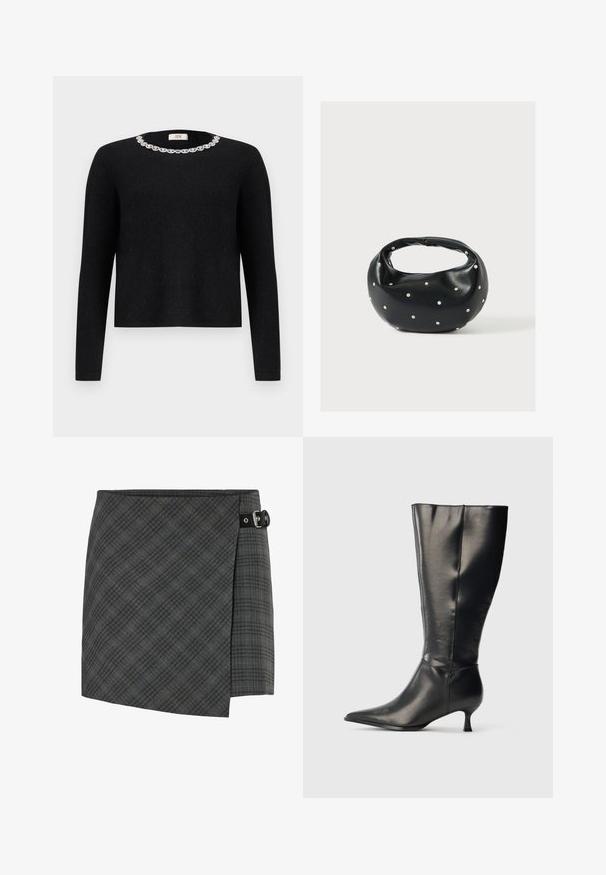 Suéter negro de manga larga con un escote redondo, que cuenta con un adorno decorativo de cristales alrededor del cuello. Textura suave.; Falda de lana a cuadros gris oscuro con detalle de hebilla negra en el lado derecho, dobladillo recto y un sutil patrón de líneas diagonales.; Bota negra de cuero hasta la rodilla, con punta afilada y tacón bajo tipo kitten, mostrada sobre un fondo claro y sencillo.; Bolso de mano de cuero negro con forma redondeada, decorado con detalles de tachuelas plateadas y un asa corta. Textura lisa y cierre con cremallera.