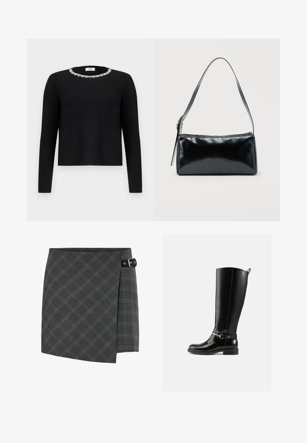 Sort sweater med lange ærmer og rund halsudskæring, der har en dekorativ krystaludsmykning omkring kraven. Blød tekstur.; Mørkegrå ternet uld wrap nederdel med sort spænde detalje på højre side, lige kant og subtil diagonalt mønster.; Sorte knæhøje støvler lavet af blankt læder med en sølvfarvet spænde ved anklen og rundet snude. Flad sål.; Sort rektangulær skuldertaske med en enkelt justerbar rem og lynlås i toppen på en ensfarvet baggrund.