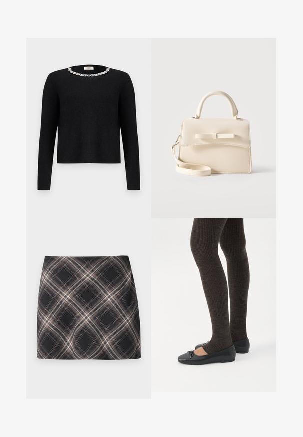 Pull noir à manches longues et col rond, orné d'une décoration en cristal autour du col. Texture douce.; Jupe mini à carreaux noir et beige avec un motif à checks diagonal, taille ajustée et texture de tissu lisse.; Jambes portant des leggings côtelés foncés associés à des ballerines noires avec de petits détails en nœud sur fond blanc.; Petit sac à main beige avec poignée supérieure, bandoulière amovible, rabat avant et nœud horizontal décoratif sur un fond uni.