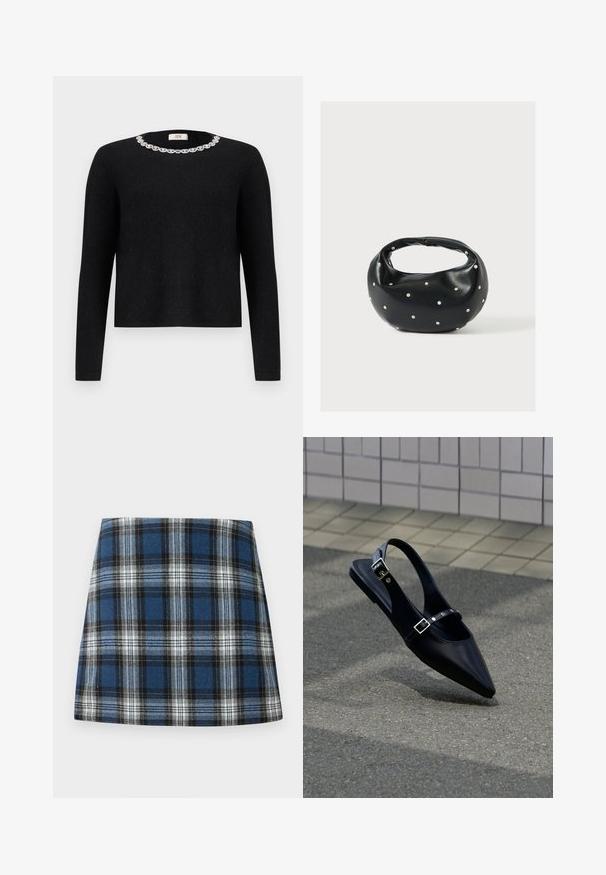 Sort sweater med lange ærmer og rund halsudskæring, der har en dekorativ krystaludsmykning omkring kraven. Blød tekstur.; Blåternet skørt med et varieret ternmønster i blå, sort og hvid. Fremstillet af et struktureret stof med en tætsiddende silhuet.; Sort flad slingback med spids tå og dobbelte spænder, hvilende på grå asfalt nær flisevæg.; Sort læderhåndtaske med en rundet form, dekoreret med sølvnitter, og et kort håndtag. Glat tekstur og lynlåslukning.