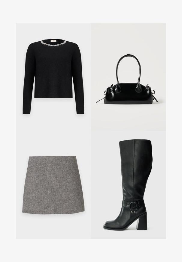 Suéter negro de manga larga con un escote redondo, que cuenta con un adorno decorativo de cristales alrededor del cuello. Textura suave.; Falda con patrón de espiga en tejido gris, con una silueta entallada, textura suave y bajo limpio y recto.; Botas de cuero negro hasta la rodilla con puntera cuadrada, tacón ancho y una correa decorativa con acentos metálicos alrededor del tobillo. Textura suave.; Pequeño bolso negro brillante con dos asas largas y detalles de cordón lateral sobre un fondo claro liso.