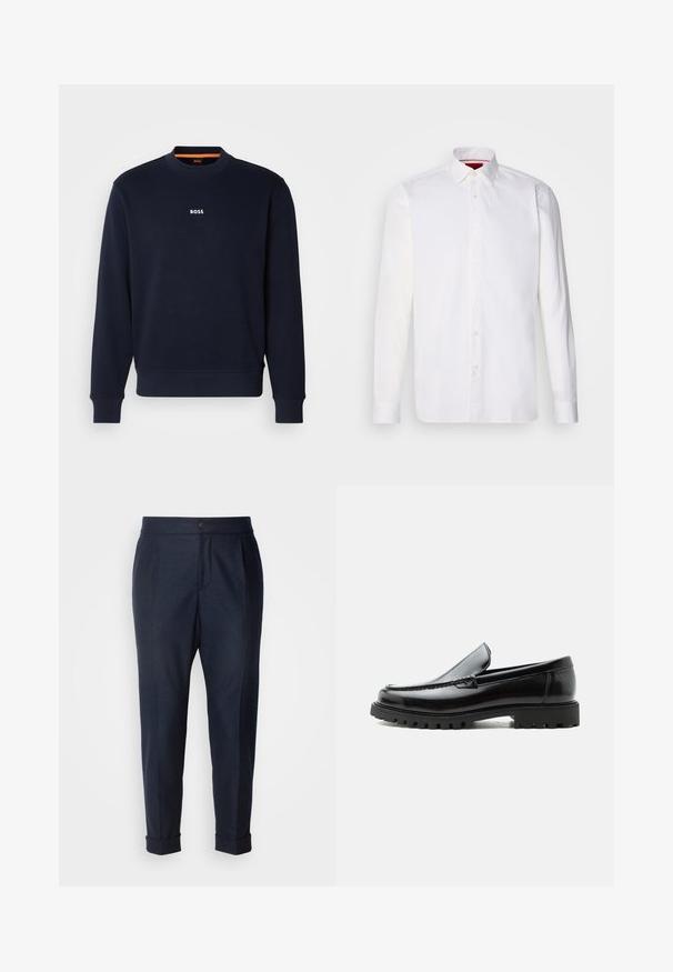 Sweat-shirt bleu marine en tissu doux, doté d'un col rond et de poignets côtelés, avec le mot "BOSS" imprimé en blanc sur la poitrine.; Chemise blanche à manches longues en coton, avec un col classique, une patte de boutonnage à l'avant et une texture lisse. Détail rouge à l'intérieur du col.; Pantalons ajustés bleu marine en tissu léger, avec des plis avant, une fermeture à bouton et des ourlets retournés. Texture lisse avec un design élégant.; Mocassin en cuir noir avec semelle en caoutchouc épaisse, dessus cousu et nom de marque embossé sur le talon, présenté de profil sur fond blanc.