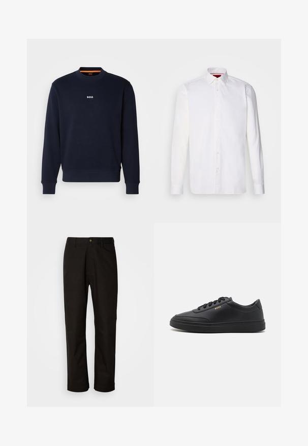 Navyblaues Sweatshirt aus weichem Stoff, mit Rundhalsausschnitt und Rippbündchen, mit dem Wort "BOSS" in Weiß auf der Brust bedruckt.; Weißes langärmliges Hemd aus Baumwolle mit klassischem Kragen, Knopfleiste vorne und glatter Textur. Rote Details im inneren Kragen.; Schwarze Baumwollhosen mit geradem Schnitt, Gürtelschlaufen, einem Reißverschluss vorne und einem einzelnen Knopfverschluss. Glatte Textur ohne sichtbare Muster.; Schwarze Leder-Sneaker mit glatter Textur, runder Zehenpartie, flacher Gummisohle und einfarbigen Schnürsenkeln. Mit goldfarbenem "BOSS" Logo an der Seite.