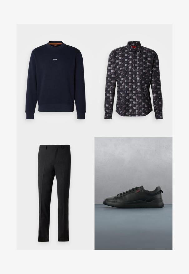 Navyblaues Sweatshirt aus weichem Stoff, mit Rundhalsausschnitt und Rippbündchen, mit dem Wort "BOSS" in Weiß auf der Brust bedruckt.; Schwarzes Hemd mit Knopfleiste, das wiederholt den Text "HUG" in verschiedenen Schattierungen zeigt. Es hat einen Kragen, lange Ärmel und schwarze Knöpfe. Glatte Textur.; Schwarze Hose mit tailliertem Schnitt, flacher Vorderseite, zwei Falten, Gürtelschlaufen und glatter Textur. Keine sichtbaren Muster oder Metallteile.; HUGO BLAKE - Sneaker low - black
