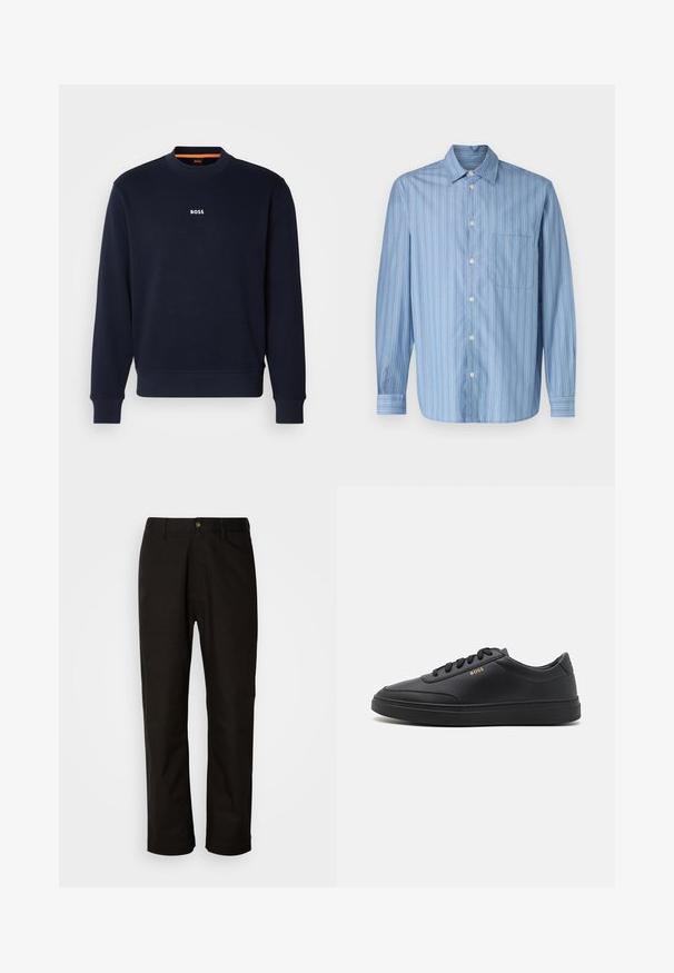 Sudadera azul marino de tela suave, con cuello redondo y puños acanalados, con la palabra "BOSS" impresa en blanco en el pecho.; Camisa de botones azul clara con rayas verticales de diferentes anchos, con cuello puntiagudo, mangas largas y un bolsillo en el pecho.; Pantalones de algodón negros con corte recto, presillas para el cinturón, cremallera frontal y un solo botón de cierre. Textura suave sin patrones visibles.; Zapatillas de cuero negro con una textura suave, punta redondeada, suela plana de goma y cordones a tono. Presentan el logotipo dorado "BOSS" en el lateral.
