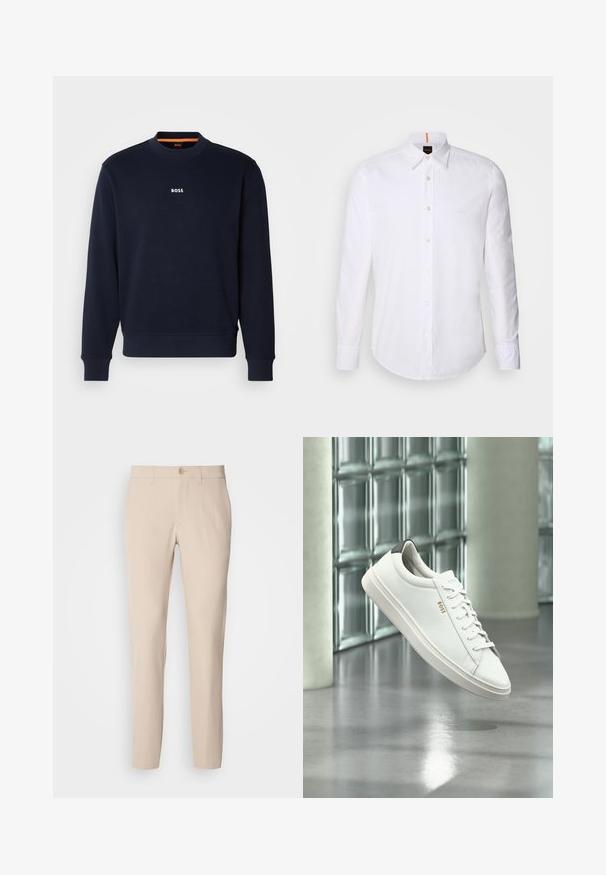 Sudadera azul marino de tela suave, con cuello redondo y puños acanalados, con la palabra "BOSS" impresa en blanco en el pecho.; Camisa blanca de manga larga y corte clásico, hecha de algodón, que presenta un cuello clásico, un logo sutil cerca del pecho y botones blancos.; Pantalones beige hechos de una tela suave, con cierre de botón, corte recto y bolsillos laterales. Textura suave con detalles de costura mínimos.; Zapatilla deportiva de piel blanca de corte bajo con cordones, lengüeta negra en el talón y logo "BOSS", flotando en interiores cerca de una pared de bloques de vidrio y suelo pulido.