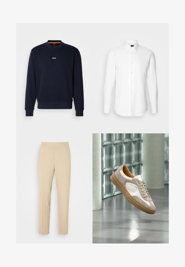 Navyblaues Sweatshirt aus weichem Stoff, mit Rundhalsausschnitt und Rippbündchen, mit dem Wort "BOSS" in Weiß auf der Brust bedruckt.; Weißes Langarmhemd, vorne mit Knöpfen, klassischer Kragen, aus glattem Stoff mit feiner Textur, für eine figurnahe Passform entworfen.; Beige maßgeschneiderte Hosen mit geradem Bein, aus leichtem Stoff, mit zwei vorderen Taschen und ordentlich gebügelten Falten.; Beiger und weißer Sneaker mit brauner Sohle und „BOSS“-Logo, schwebend über einem reflektierenden glatten Boden mit Wand aus Glasbausteinen im Hintergrund.