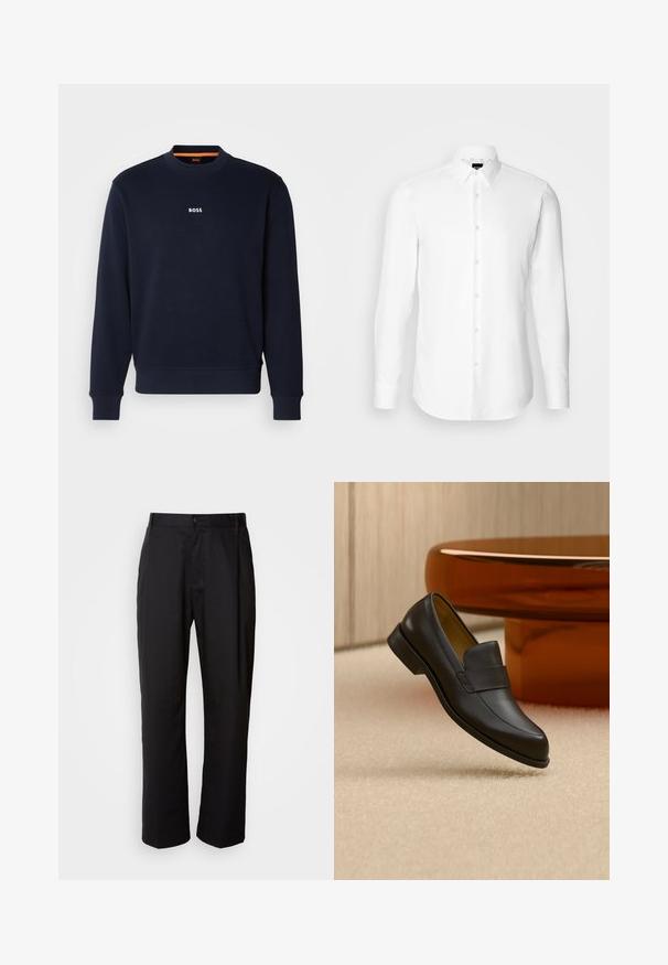 Navyblaues Sweatshirt aus weichem Stoff, mit Rundhalsausschnitt und Rippbündchen, mit dem Wort "BOSS" in Weiß auf der Brust bedruckt.; Weißes Langarmhemd, vorne mit Knöpfen, klassischer Kragen, aus glattem Stoff mit feiner Textur, für eine figurnahe Passform entworfen.; Schwarze Hosen mit geradem Schnitt, aus leichtem Stoff gefertigt. Verfügt über einen vorderen Knopfverschluss und zwei seitliche Taschen; glatte Textur.; Schwarzer Leder-Loafer mit niedrigem Absatz, der über einem beigen Teppichboden nahe einem runden braunen Tisch schwebt.