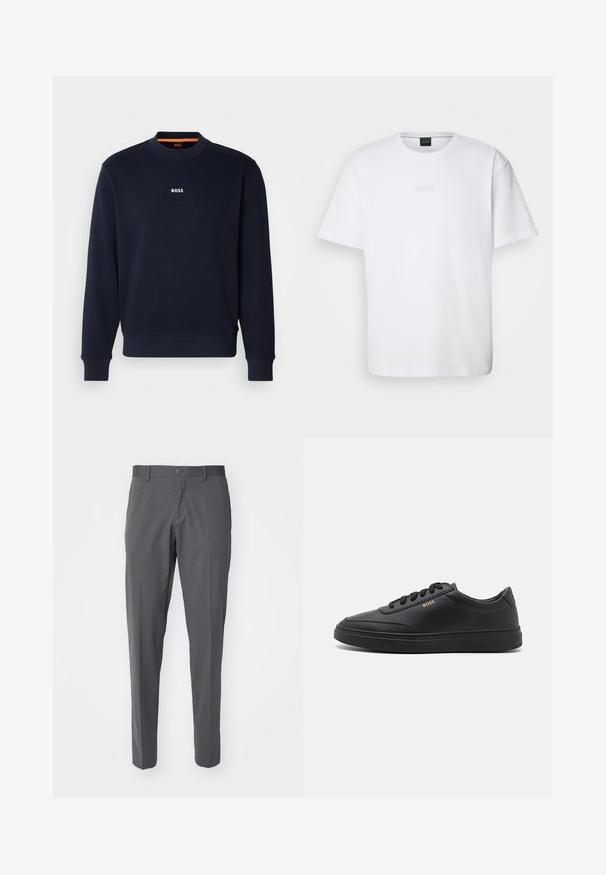 Marineblå sweatshirt lavet af blødt stof, med rund hals og ribbede manchetter, med ordet "BOSS" trykt i hvidt på brystet.; Hvid bomulds T-shirt med korte ærmer, rund halsudskæring og præget "BOSS" logo på brystet. Glat tekstur, standard pasform.; Grå bukser lavet af et glat stof, der har en knaplukning, forlommer og en slim fit-design.; Sorte lædersneakers med en glat overflade, rund tå, flad gummisål og tonede snørebånd. Udstyret med guld "BOSS" branding på siden.