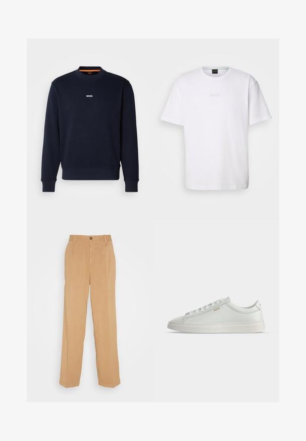 Navyblaues Sweatshirt aus weichem Stoff, mit Rundhalsausschnitt und Rippbündchen, mit dem Wort "BOSS" in Weiß auf der Brust bedruckt.; Weißes Baumwoll-T-Shirt mit kurzen Ärmeln, rundem Ausschnitt und geprägtem "BOSS"-Logo auf der Brust. Glatte Textur, normale Passform.; Beige weite Hose aus weichem Stoff, mit zwei frontalen Taschen, einem Knopfverschluss und Bügelfalten entlang der Beine.; Weißer Leder-Sneaker in niedriger Ausführung mit Schnürsenkeln, flacher Sohle und kleinem goldfarbenem "BOSS" Logo an der Seite, von der Außenseite betrachtet.