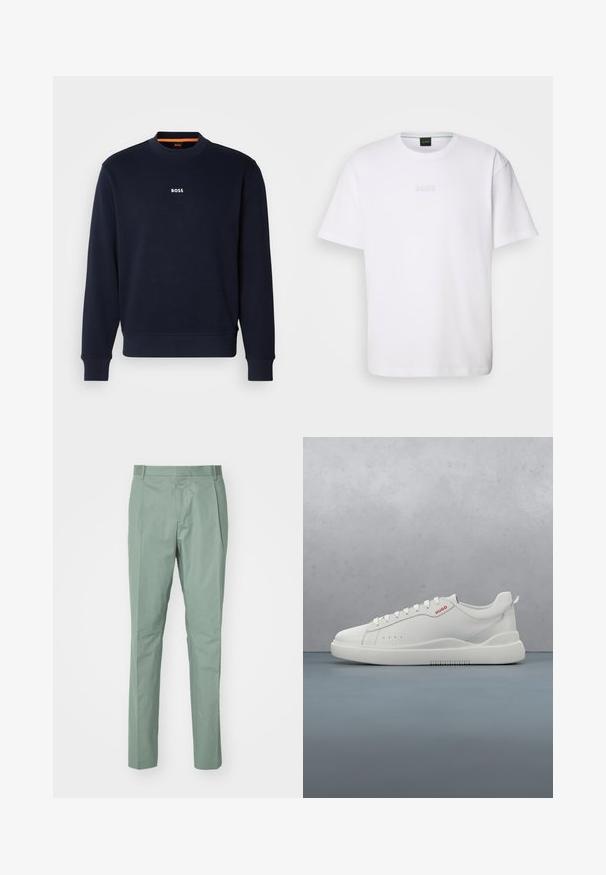Sudadera azul marino de tela suave, con cuello redondo y puños acanalados, con la palabra "BOSS" impresa en blanco en el pecho.; Camiseta de algodón blanca de manga corta, con escote redondo y logotipo grabado de "BOSS" en el pecho. Textura suave, ajuste estándar.; Pantalones verde claro con corte recto, con una parte delantera plana, dos bolsillos laterales y una textura de tela suave. Sin patrones visibles ni herrajes.; Zapatilla blanca con un acabado de cuero liso, punta redonda, cuatro ojales, perforaciones sutiles y un detalle de logo rojo en el lateral.
