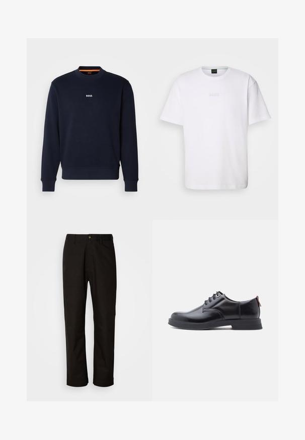 Navyblauwe sweatshirt van zacht materiaal, met een ronde halslijn en geribde manchetten, met het woord "BOSS" in het wit gedrukt op de borst.; Witte katoenen T-shirt met korte mouwen, ronde halslijn en reliëf 'BOSS' logo op de borst. Veilig textuur, standaard pasvorm.; Zwarte katoenen broek met een rechte snit, riemlussen, een ritssluiting aan de voorkant en een enkele knoopsluiting. Soepele textuur zonder zichtbare patronen.; Zwarte leren veter schoenen met een gladde textuur, ronde neus en subtiel stiksel detail. Voorzien van een rode trekband op de hiel.