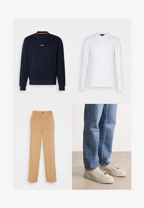 Navyblaues Sweatshirt aus weichem Stoff, mit Rundhalsausschnitt und Rippbündchen, mit dem Wort "BOSS" in Weiß auf der Brust bedruckt.; Weißes Langarm-Polohemd aus Baumwolle mit spitzem Kragen, zwei-Knopf-Leiste und kleinem Logo auf der Brust. Oranges Akzent innen am Kragen.; Beige weite Hose aus weichem Stoff, mit zwei frontalen Taschen, einem Knopfverschluss und Bügelfalten entlang der Beine.; BOSS GARYTENN_SDHDEL - Sneaker low - natural ten