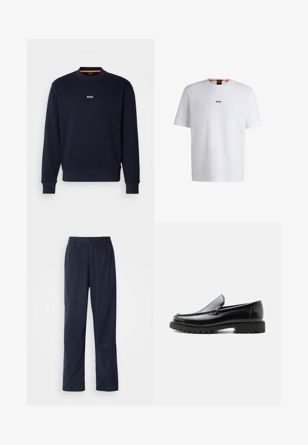 Sudadera azul marino de tela suave, con cuello redondo y puños acanalados, con la palabra "BOSS" impresa en blanco en el pecho.; Camiseta de algodón blanca de manga corta, con un logotipo negro "BOSS" centrado en el pecho y un diseño de cuello redondo.; Pantalones azul marino de mezcla de algodón. Cuentan con un diseño de pierna recta, cierre frontal con boton, y pliegues sutiles. Textura suave.; Mocasín de cuero negro con suela de goma gruesa, empeine cosido y nombre de la marca en relieve en el talón, mostrado en perfil lateral sobre fondo blanco.