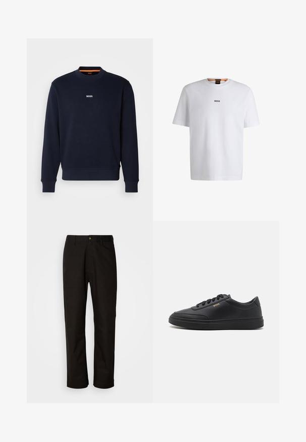 Marineblå sweatshirt lavet af blødt stof, med rund hals og ribbede manchetter, med ordet "BOSS" trykt i hvidt på brystet.; Hvid bomuld T-shirt med korte ærmer, med et sort "BOSS" logo centreret på brystet og en rund halsudskæring.; Sorte bomuldsbukser med lige pasform, bæltestropper, lynlås foran og en enkelt knappelukning. Glat tekstur uden synlige mønstre.; Sorte lædersneakers med en glat overflade, rund tå, flad gummisål og tonede snørebånd. Udstyret med guld "BOSS" branding på siden.