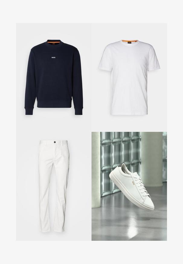 Sudadera azul marino de tela suave, con cuello redondo y puños acanalados, con la palabra "BOSS" impresa en blanco en el pecho.; Camiseta de algodón blanca con cuello redondo, mangas cortas y un sutil logo en relieve en el pecho. La etiqueta interior tiene un acento naranja.; Pantalones de algodón blanco con un diseño de corte recto, que presentan un cierre de botón y bolsillos, textura suave y estilo minimalista.; Zapatilla deportiva de piel blanca de corte bajo con cordones, lengüeta negra en el talón y logo "BOSS", flotando en interiores cerca de una pared de bloques de vidrio y suelo pulido.