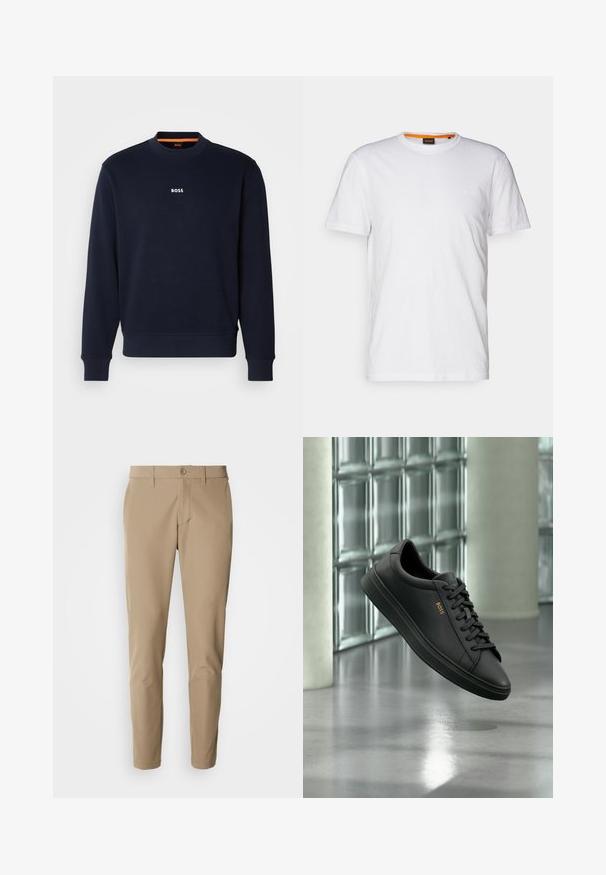 Navyblaues Sweatshirt aus weichem Stoff, mit Rundhalsausschnitt und Rippbündchen, mit dem Wort "BOSS" in Weiß auf der Brust bedruckt.; Weißes Baumwoll-T-Shirt mit Rundhalsausschnitt, kurzen Ärmeln und einem dezenten geprägten Logo auf der Brust. Das Innenschild hat einen orangefarbenen Akzent.; Beige Hose aus glattem Stoff mit geradem Schnitt, ausgestattet mit einem Knopfverschluss und frontalen Taschen, ergänzt durch Gürtelschlaufen.; Schwarzer flacher Ledersneaker mit schwarzen Schnürsenkeln und goldenem BOSS-Logo an der Seite, schwebend über einem glänzenden grauen Boden in einem modernen Innenraum.