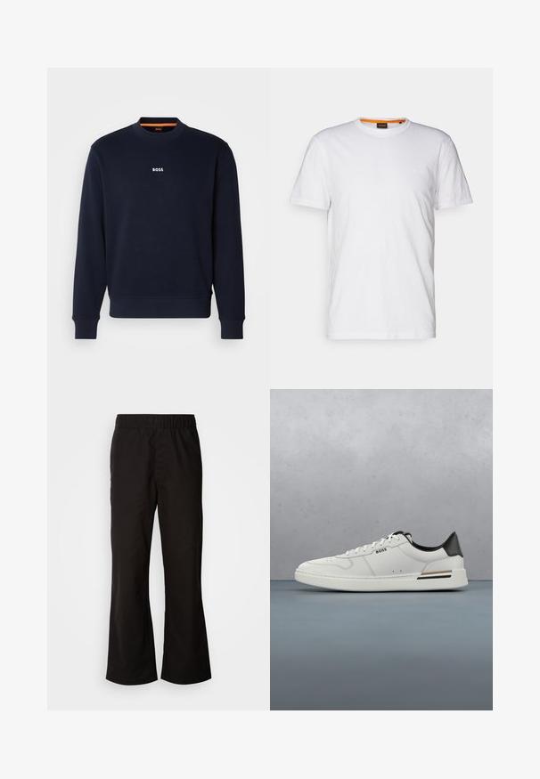 Marineblå sweatshirt lavet af blødt stof, med rund hals og ribbede manchetter, med ordet "BOSS" trykt i hvidt på brystet.; Hvid bomulds T-shirt med rund hals, korte ærmer og et subtilt præget logo på brystet. Indvendigt mærke har en orange detalje.; Sorte bukser med elastisk talje og n tapered form, lavet af glat bomuldsstof. Har et enkelt design og lige benåbninger.; Hvide lavtoppede sneakers med sort hæl, snørebånds lukning, subtile perforeringer og "BOSS" logo på siden, vist fra ydersiden i profil.
