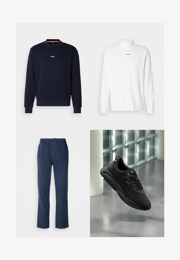 Sudadera azul marino de tela suave, con cuello redondo y puños acanalados, con la palabra "BOSS" impresa en blanco en el pecho.; Camisa de cuello alto de manga larga blanca, hecha de una tela suave, con un sutil logo negro "HUGO" en la parte delantera y puños ajustados.; Pantalones azul marino con cinturilla elástica y cierre de botón, diseño de pierna recta, confeccionados en tejido ligero y suave, sin patrones visibles.; Zapatilla negra Hugo con suela gruesa y logo dorado, suspendida sobre un suelo gris pulido junto a una pared de bloques de vidrio.