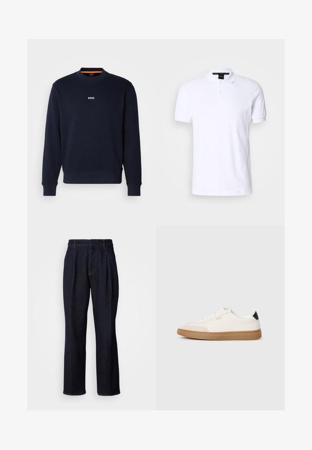 Navyblauwe sweatshirt van zacht materiaal, met een ronde halslijn en geribde manchetten, met het woord "BOSS" in het wit gedrukt op de borst.; Witte polo van katoen met korte mouwen, een kraag en een knoopsluiting met drie knopen. Subtiele logo-details op de borst. Gladde textuur.; Donkerblauwe denim jeans met wijde pijpen, inclusief voorplooien en oranje stiksels, weergegeven op een witte achtergrond.; Witte sneakers met beige accenten, bovenwerk van glad leer, ronde neus en rubberen gumzool, met een zwarte hieltab en subtiele branding.