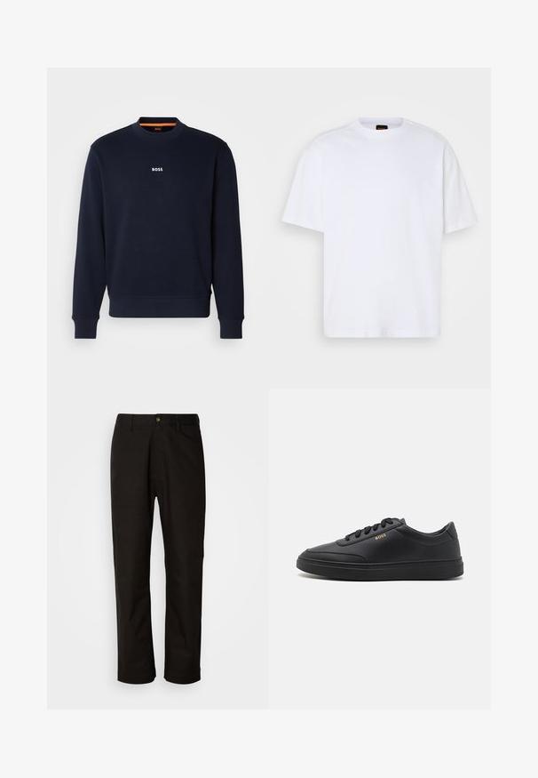 Sudadera azul marino de tela suave, con cuello redondo y puños acanalados, con la palabra "BOSS" impresa en blanco en el pecho.; Camiseta de algodón blanca con cuello redondo, mangas cortas y un corte relajado. Presenta costuras de hombro texturizadas para un detalle adicional.; Pantalones de algodón negros con corte recto, presillas para el cinturón, cremallera frontal y un solo botón de cierre. Textura suave sin patrones visibles.; Zapatillas de cuero negro con una textura suave, punta redondeada, suela plana de goma y cordones a tono. Presentan el logotipo dorado "BOSS" en el lateral.