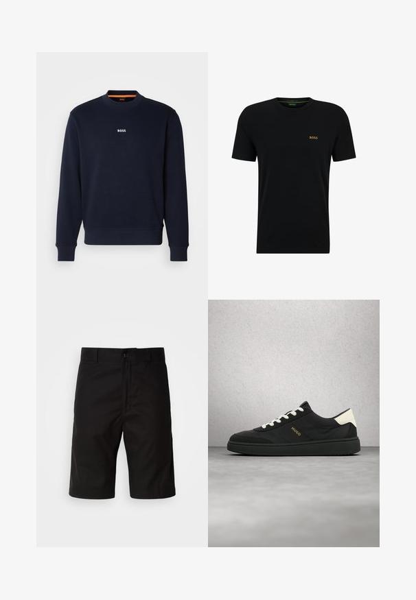 Sudadera azul marino de tela suave, con cuello redondo y puños acanalados, con la palabra "BOSS" impresa en blanco en el pecho.; Camiseta de algodón negra con cuello redondo, mangas cortas y un pequeño logo dorado en el lado izquierdo del pecho. Textura suave y diseño sencillo.; Pantalones cortos negros de tela sólida, con corte recto, cierre de botón y una textura suave sin patrones visibles.; Zapatilla negra con cordones blancos y lengüeta en el talón, con el logo "HUGO" en el lateral, mostrada en el aire sobre un fondo de suelo gris y pared de bloques de vidrio.