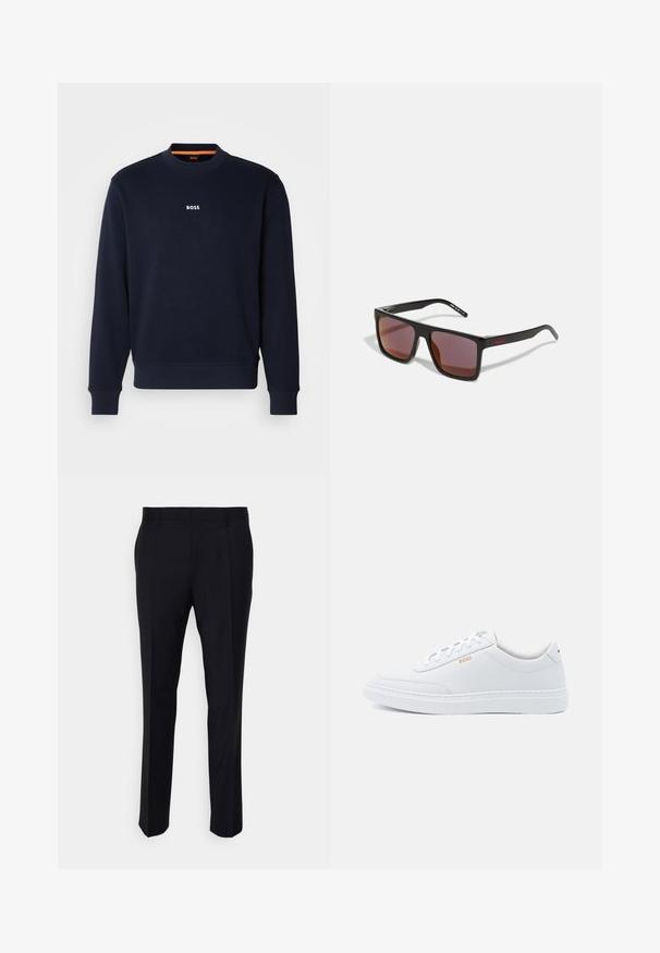 Sudadera azul marino de tela suave, con cuello redondo y puños acanalados, con la palabra "BOSS" impresa en blanco en el pecho.; Pantalones negros confeccionados en tela tejida, con un corte ajustado, frente plano, bolsillos laterales y un diseño de pierna recta.; Zapatillas de cuero blanco con textura suave, puntera redondeada y costuras tonales. Cuentan con cordones azules y un logo dorado en el lateral.; Gafas de sol rectangulares negras con lentes de color rojo oscuro, con un acabado mate y un logo rojo en la patilla. Montura de plástico resistente.