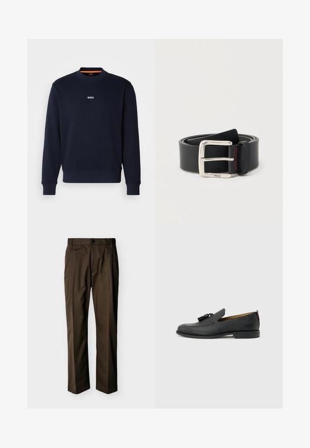 Navyblauwe sweatshirt van zacht materiaal, met een ronde halslijn en geribde manchetten, met het woord "BOSS" in het wit gedrukt op de borst.; Bruine rechte broek met knoop- en ritssluiting, lussen voor een riem en voorkreukdetails, afgebeeld tegen een effen achtergrond.; Zwarte leren herenslof met kwastjes, ronde neus, lage hak en trekkoord aan de achterkant, zijaanzicht op lichtgrijze achtergrond.; Zwarte leren riem opgerold met een zilveren rechthoekige gesp met kleine "HUGO" gravure en rood stiksel detail bij de lus.
