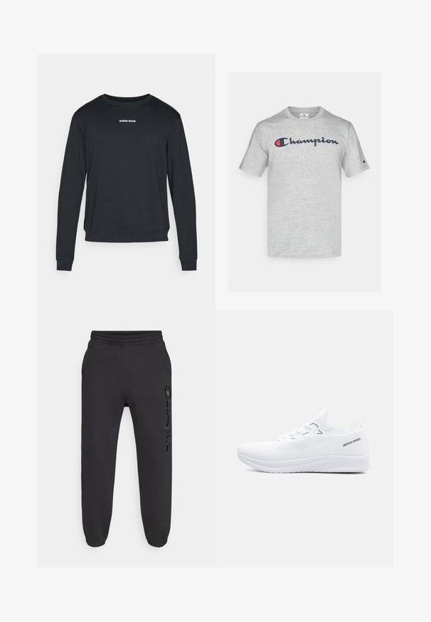 Sudadera negra de manga larga hecha de tela suave, con cuello redondo, puños acanalados y un logo blanco impreso en el pecho.; Camiseta de algodón de color gris claro con un logotipo de "Champion" en azul marino en el pecho y un pequeño logotipo en la manga. Diseño clásico de cuello redondo.; Pantalones deportivos negros con cintura elástica y puños elásticos. Presentan un ligero brillo y un logo texturizado en la pierna izquierda.; Zapatilla blanca de punto baja con suela texturizada, cierre de cordones y logo "JACK & JONES" en el lateral del cuello del talón.