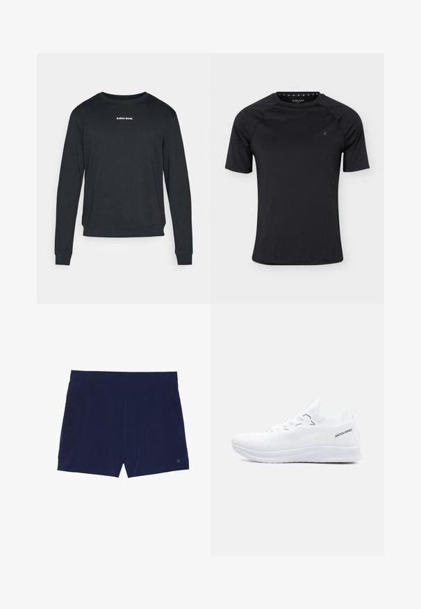 Zwarte lange-mouw sweatshirt gemaakt van zachte stof, met een ronde hals, geribbelde manchetten en een wit logo gedrukt op de borst.; Zwart sport T-shirt met korte mouwen en een ronde hals met klein logo op de linkerborst, weergegeven op een effen lichte achtergrond.; Marineblauwe zwemboxers van lichtgewicht stof, met een elastische tailleband en twee zijzakken voor opbergruimte.; Witte lage sneaker van gebreid materiaal met een gestructureerde zool, veters aan de voorkant en het "JACK & JONES" logo aan de zijkant van de hielkraag.