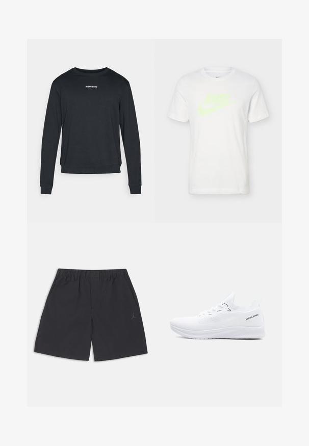 Schwarzer Langarm-Sweatshirt aus weichem Stoff, mit Rundhalsausschnitt, gerippten Bündchen und einem weißen Logo, das auf der Brust aufgedruckt ist.; Weißes Nike-T-Shirt mit kurzen Ärmeln, neon-gelbem "RUN"-Schriftzug und Swoosh-Logo auf der Vorderseite, Rundhalsausschnitt, einfarbiger Hintergrund.; Schwarze Sportshorts mit elastischem Bund, Seitentaschen, Frontknopf und dezentem Jordan-Logo am linken Bein.; Weißer Strick-Sneaker mit niedrigem Schaft, strukturierter Sohle, Schnürvorderseite und "JACK & JONES"-Logo an der Ferse seitlich.