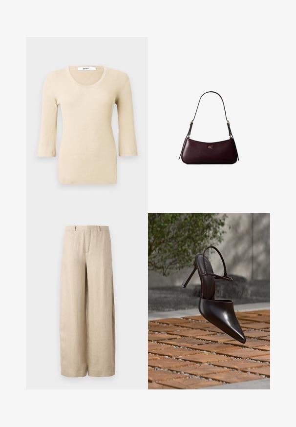 Beige ribbet langærmet bluse med en rund halsudskæring. Teksturen er glat og tætsiddende. Udsvingede manchetter tilføjer en subtil designdetalje.; Beige, vide bukser lavet af hør. Har en frontfold, to sidelommer og en talje med bæltesløjfer. Glat tekstur.; Blank højhælet mule med spids tå og ankelrem, svævende over en terracottaflisebelagt overflade med grusfyldte mellemrum.; Mørk bordeaux læderhåndtaske med en tynd sort skulderrem og lille gyldent "cK" logo foran i midten.