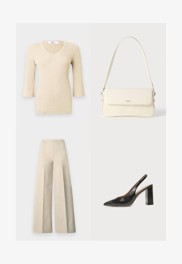 Beige ribbet langærmet bluse med en rund halsudskæring. Teksturen er glat og tætsiddende. Udsvingede manchetter tilføjer en subtil designdetalje.; Beige vide bukser med en glat tekstur, høj talje og dybe folder foran. Har et bredt og flagrende snit.; Sort læder peep-toe slingback sko med høj blokhæl og beige indvendig foring mod en ensfarvet lys baggrund.; Cremefarvet læder skuldertaske med flaplukning, sølvfarvet beslag, en enkelt justerbar rem og diskrete logodetaljer.