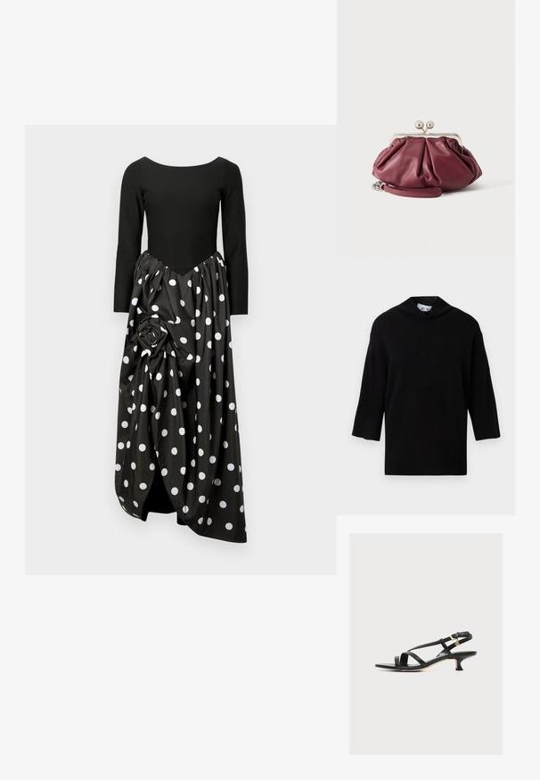 Sort strikket sweater med høj krave og korte, brede ærmer. Glat tekstur, minimalistisk design og boksformet silhouette.; Sort langærmet kjole med en tætsiddende krop og et flydende nederdel med polkaprikker, der har en stor stofrose-detalje på siden.; Sort damesandal i læder med tynde krydsede stropper, lav kittenhæls og lille guldbeklædt spænde på ankremmen.; Lille bordeaux rød læder clutch-pung med sølv metal lukning og håndledsrem på hvid baggrund.